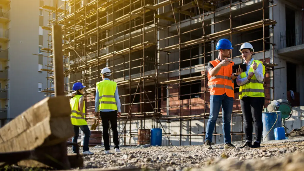 Construction workers wearing safety gear on a job site with equipment in the background. Team of construction workers collaborating at an active job site. Construction crew working on a building project outdoors. Workers on a construction site with tools and machinery.