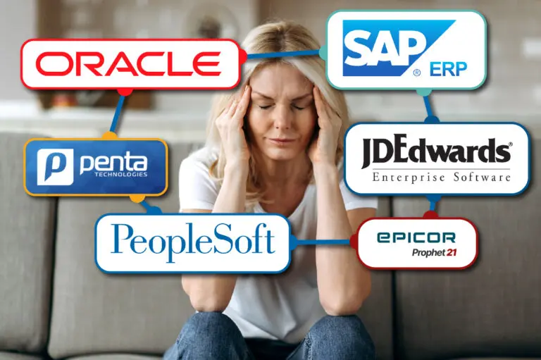 Woman with headache sits surrounded my multiple erp logos