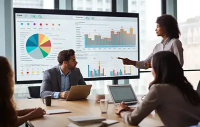 team of progessionals reviewing graphs, metrics and data on a screen around a conference room table