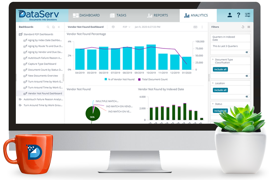 Desktop monitor showing DataServ SaaS product with the analytics dashboard on the screen.