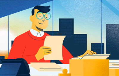 Illustration of a man with glasses reviewing and filing paperwork inside of an office with a city skyline view behind him