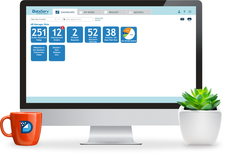 Desktop monitor with the DataServ dashboard for an AP Manager on the screen.