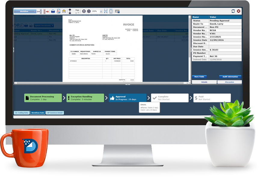 Desktop monitor showing DataServ SaaS product with pending invoice information on the screen.