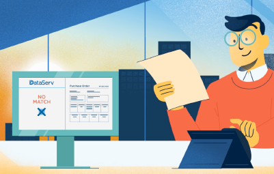 illustration of a person reviewing invoices with the autovouch softward on the screen