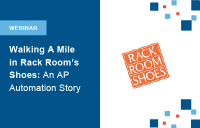 rack room shoes logo with webinar title: walking a mile in rack room's shoes: an ap automation story