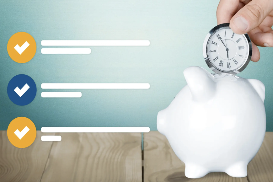 Hand depositing clock in piggy bank.