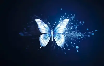 digital butterfly made of glowing pixels