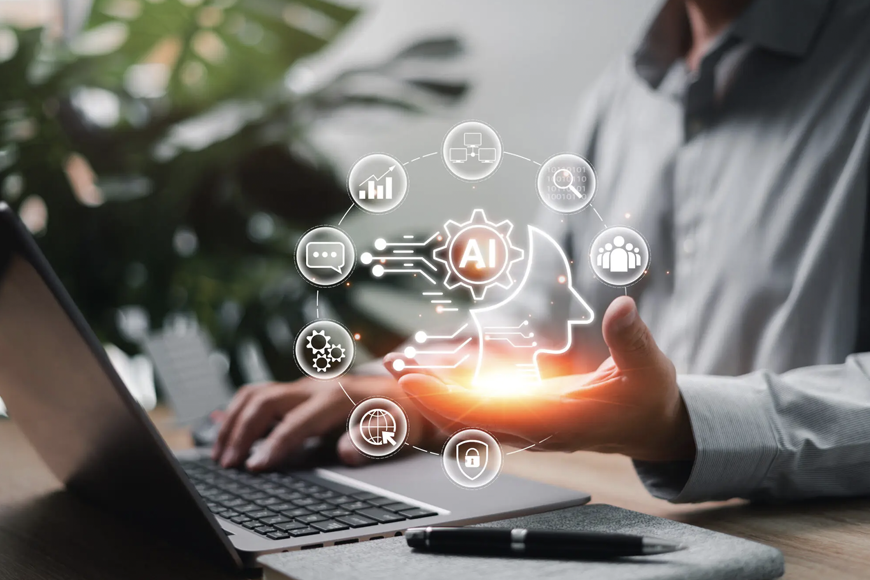 Man working on a laptop, with AI-related icons in the foreground. 