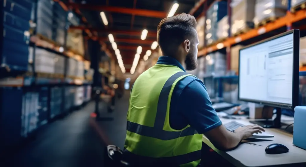 man in a distribution center setting look at computer