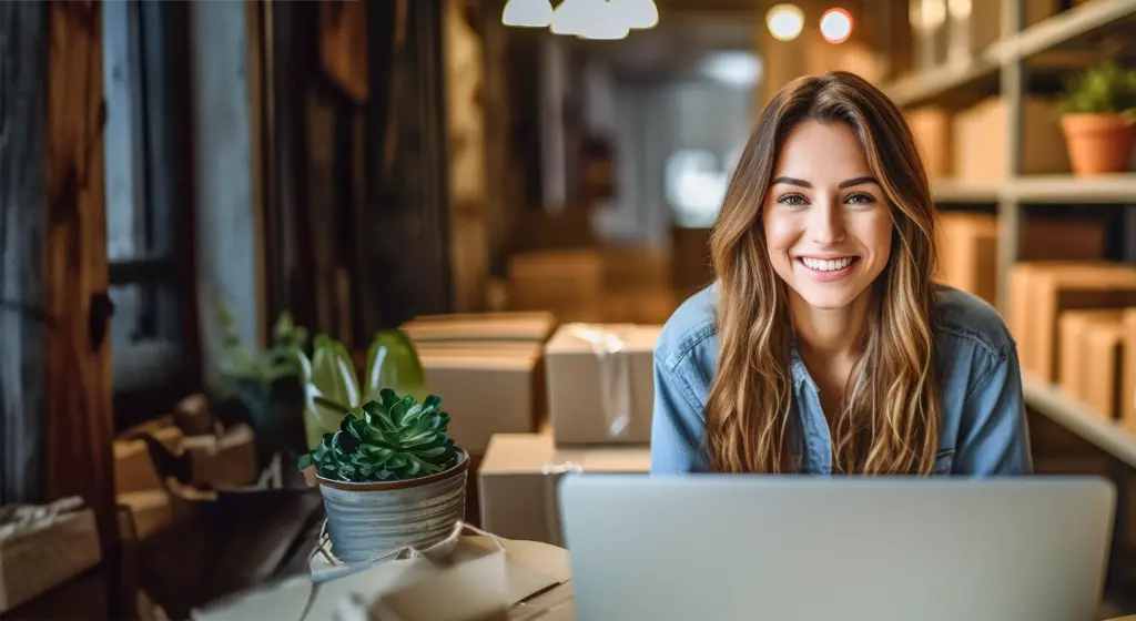 woman in a distribution setting on a computer and smiling