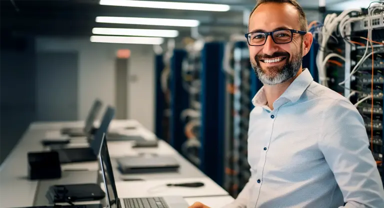 IT guy looking at camera and smiling with servers and computers in background