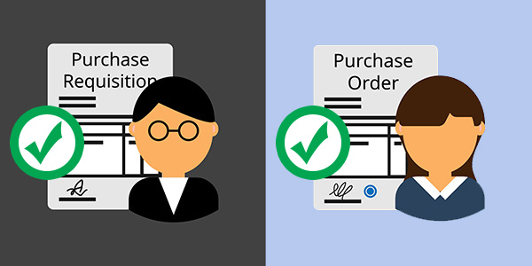 Graphic of purchase requests and purchase orders, behind man and woman in business attire.