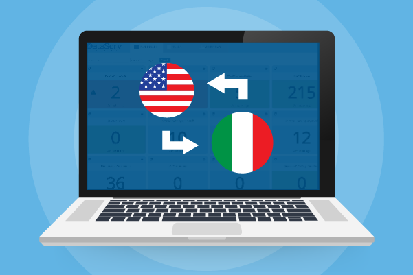 american flag and italian flag with translation arrows on a laptop screen with datasev dashboard in backcground