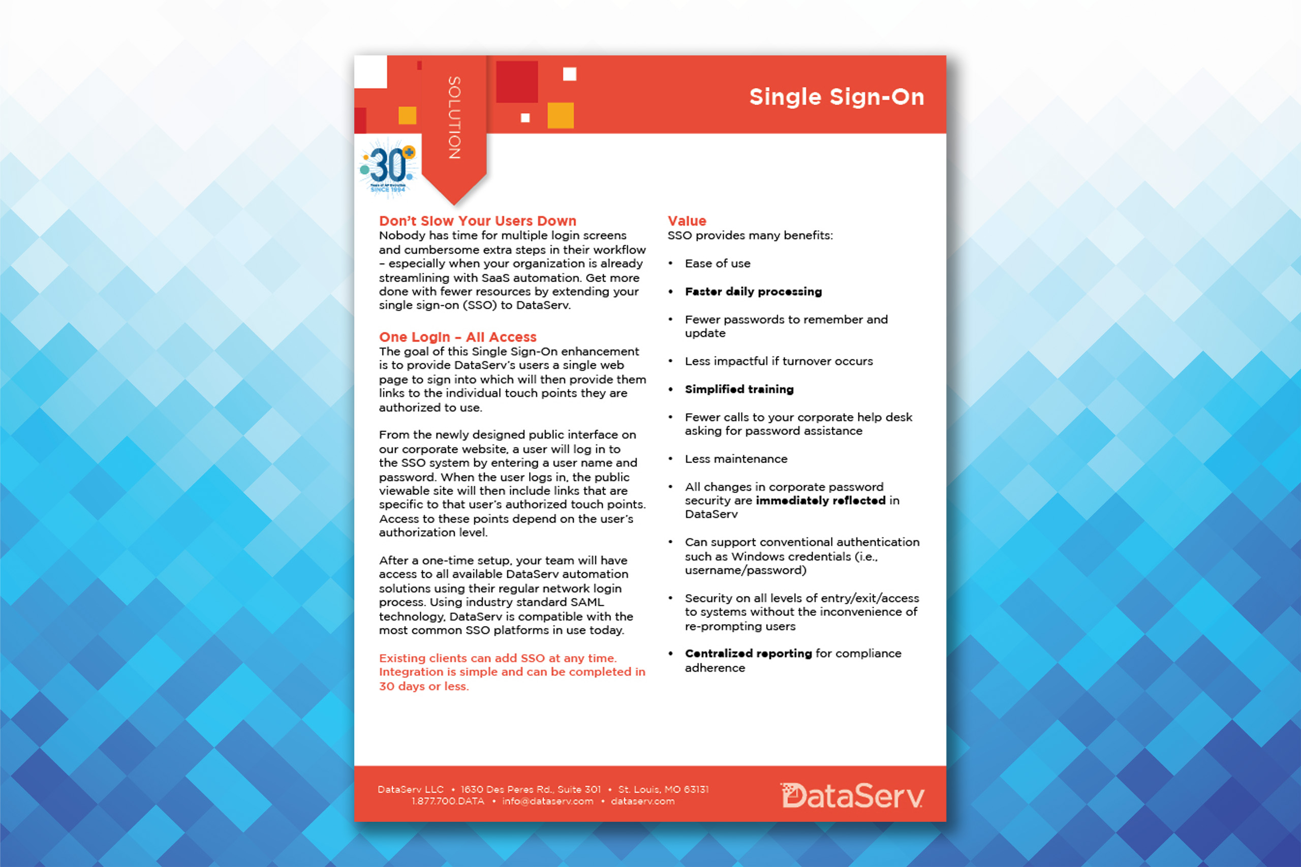 Single Sign-On Solution Sheet | DataServ