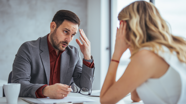 Frustrated business man woman conversation bad business meeting