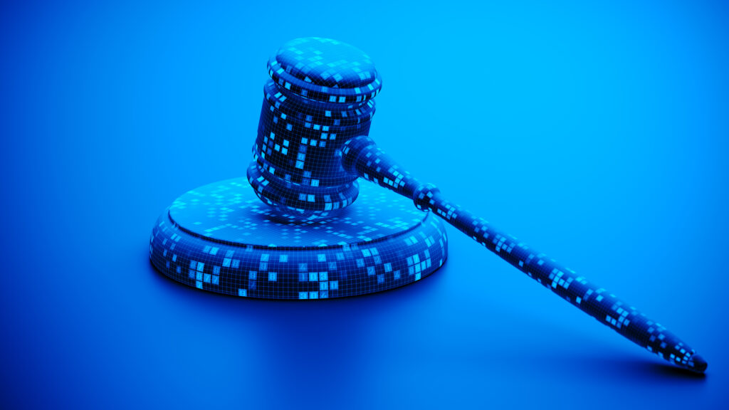 Artificial Intelligence-themed gavel rests atop a blue table