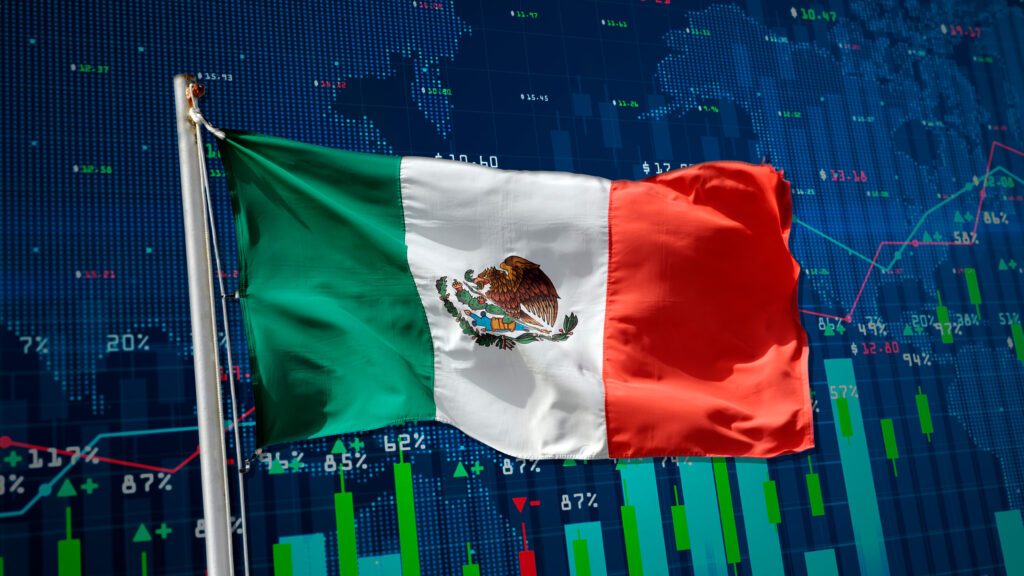 Mexican flag in front of finance data