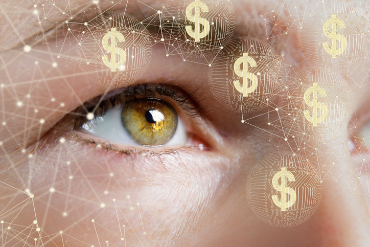 Close-up of a human eye with a digital network overlay and floating dollar signs, symbolizing fintech data and financial AI.