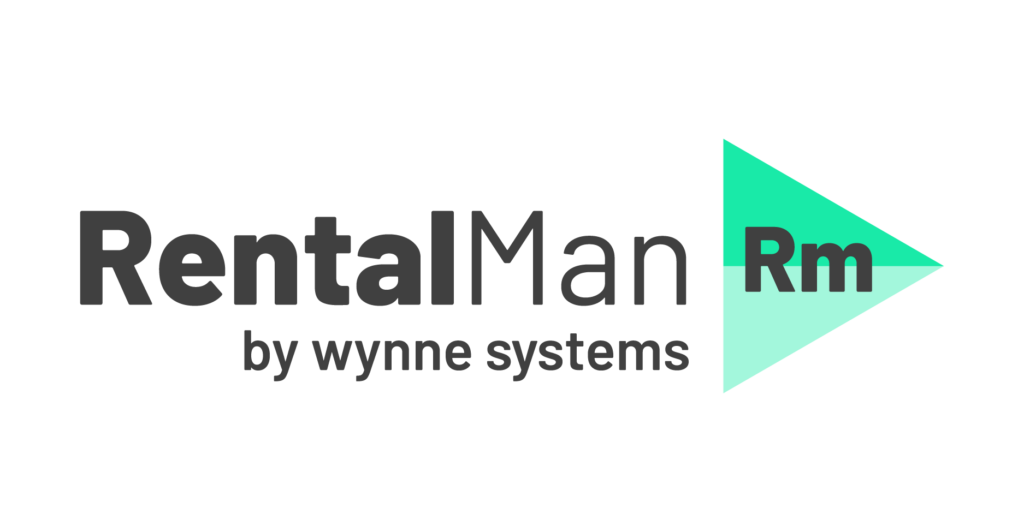 RentalMan logo: bold 'RentalMan' text with 'by vyne systems' below and a teal triangular arrow containing 'Rm' on the right.