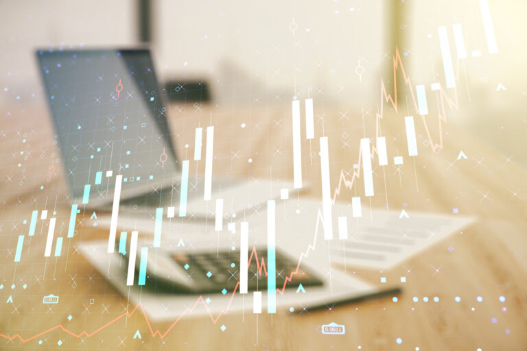 Abstract financial data overlay with candlestick charts and line graphs over a blurred office background