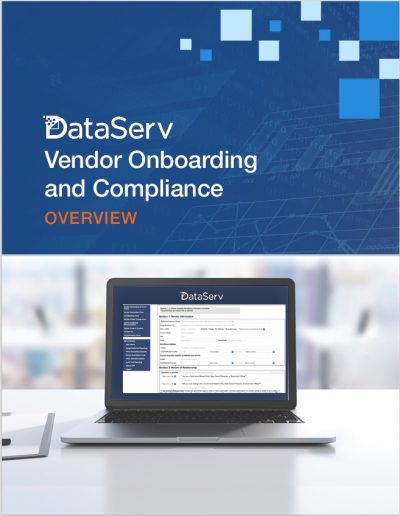 DataServ Vendor Onboarding and Compliance overview cover with a laptop displaying the interface on a blue geometric background.